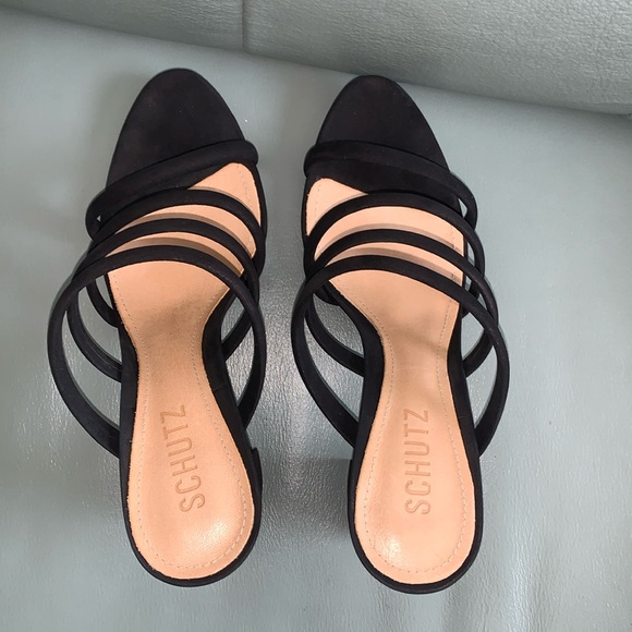 SCHUTZ Luna/Black Siede Strappy Block Heel Pump Sandals - Picture 6 of 9